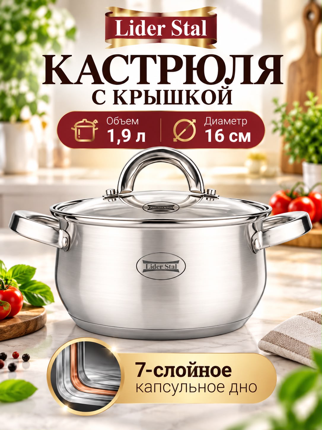 Кастрюля Lider Stal LD 2044 из нержавеющей стали, 1,9 л, Ø 16 см, с крышкой и 7‑слойным дном.