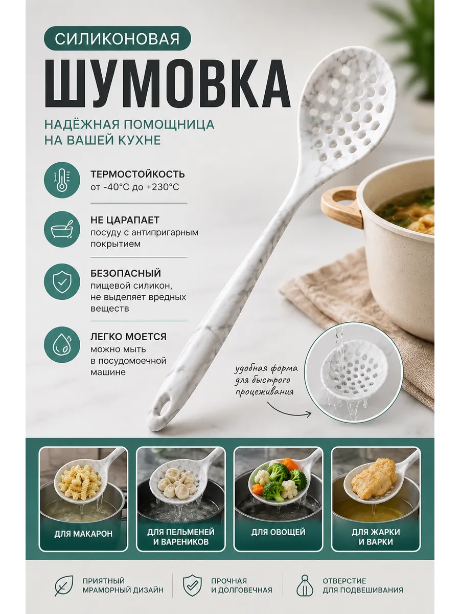 Шумовка из пищевого силикона с элегантным мраморным узором и удобным отверстием для хранения — не царапает антипригарную посуду и выдерживает перепады температур.